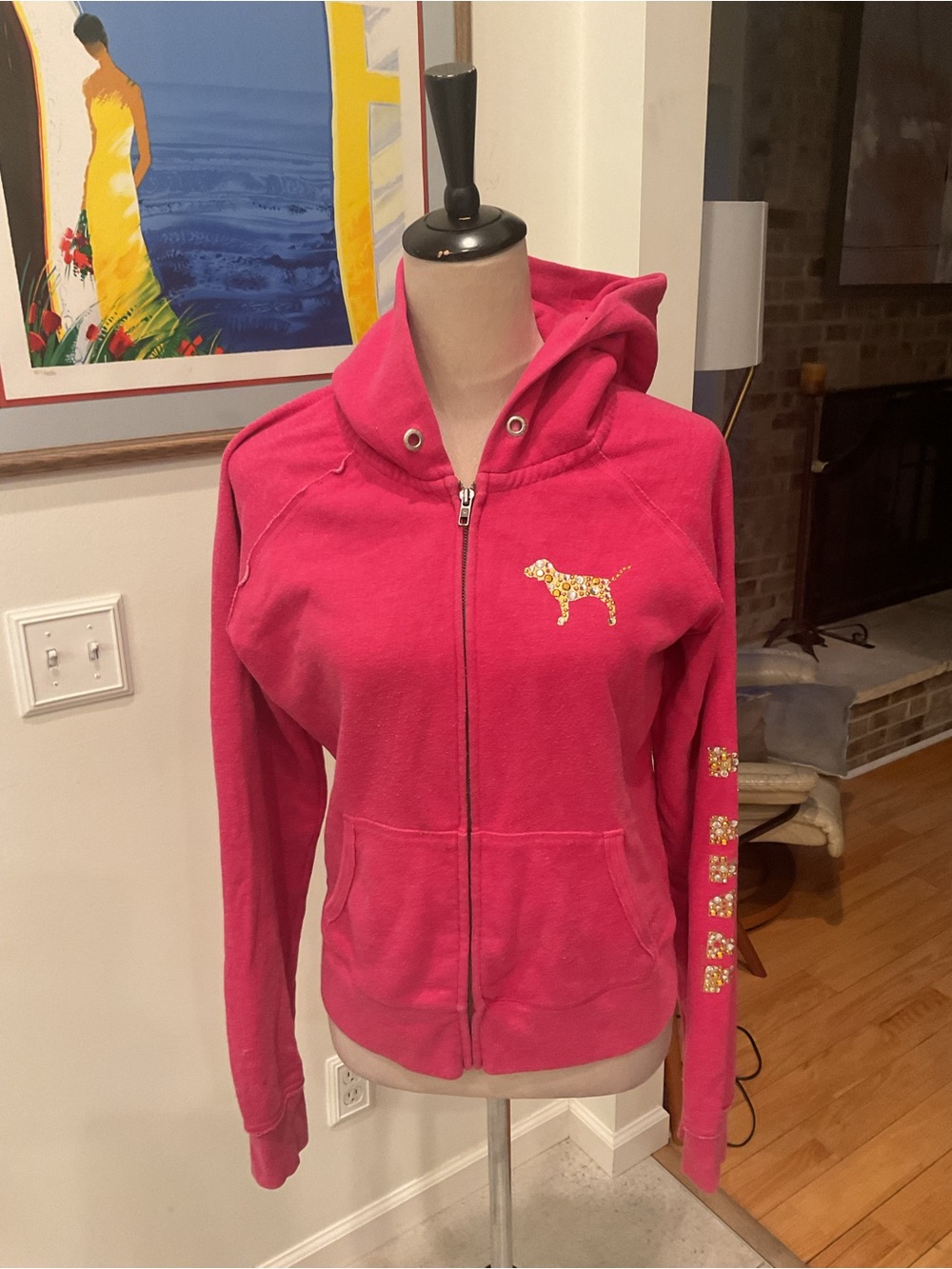 2007 PINK Victoria's Secret Hot Pink Zip-Up Hoodie with Embellished Dog